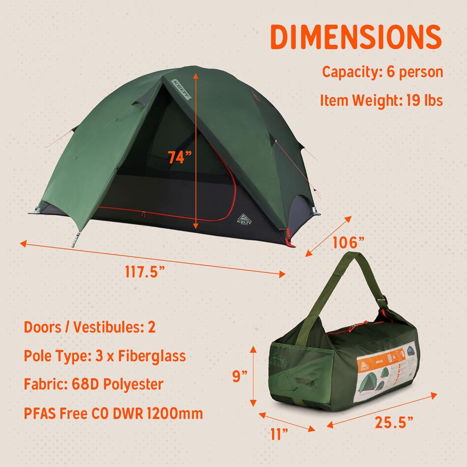 image:imageKelty Wireless Freestanding Camping Tent 2 4 or 6 Person Size Huge Interior and Peak Height Intuitive  Easy to Pitch Color Coded SetupDill  Black Forest
