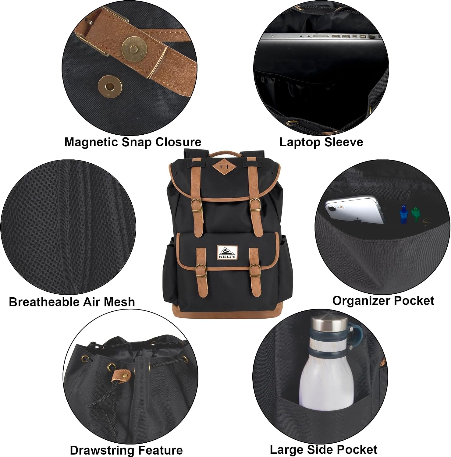 image:imageKelty 18 Inch Laptop Travel Backpack Drawstring AntiTheft Backpack with Laptop Compartment Side Pockets for Men Women Black Travel Rucksack