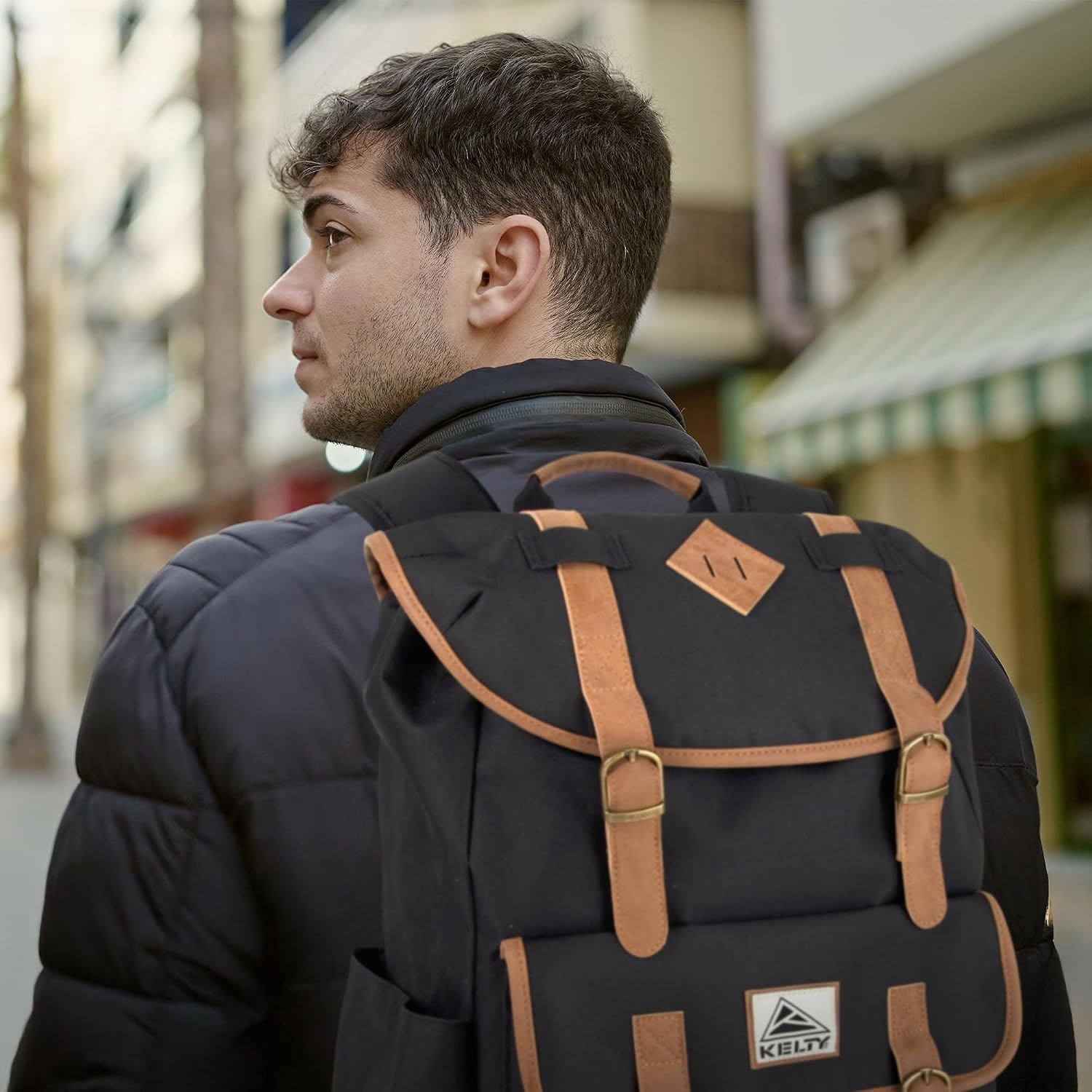 image:imageKelty 18 Inch Laptop Travel Backpack Drawstring AntiTheft Backpack with Laptop Compartment Side Pockets for Men Women Black Travel Rucksack